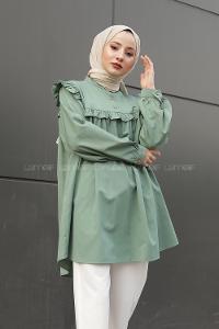 Omuz ve Göğüs Kısmı Fırfırlı Yarım Düğmeli Şık Tunik Çağla Yeşili