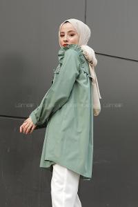 Omuz ve Göğüs Kısmı Fırfırlı Yarım Düğmeli Şık Tunik Çağla Yeşili