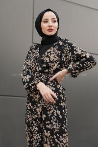 Modalamelif İçi Astarlı Çiçek Desenli Elbise Siyah