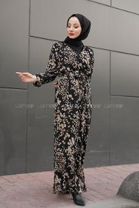 Modalamelif İçi Astarlı Çiçek Desenli Elbise Siyah