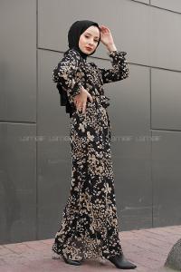 Modalamelif İçi Astarlı Çiçek Desenli Elbise Siyah