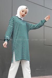 Modalamelif İnce Beyaz Çizgili Tunik Yeşil