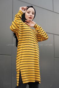 Modalamelif İnce Siyah Çizgili Tunik Hardal Sarısı