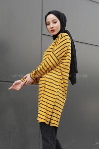 Modalamelif İnce Siyah Çizgili Tunik Hardal Sarısı