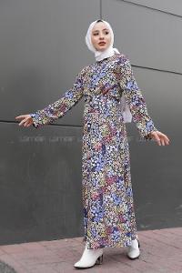 Modalamelif Kemer Detaylı  Çok Renkli Çiçek Desenli Elbise Mor