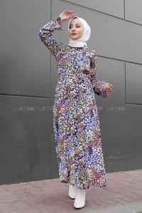 Modalamelif Kemer Detaylı  Çok Renkli Çiçek Desenli Elbise Mor