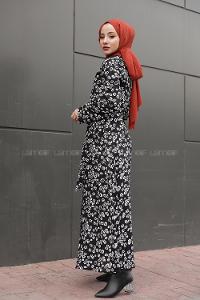 Modalamelif Kemer Detaylı  Papatya Desenli Elbise Siyah