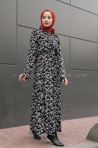 Modalamelif Kemer Detaylı  Papatya Desenli Elbise Siyah