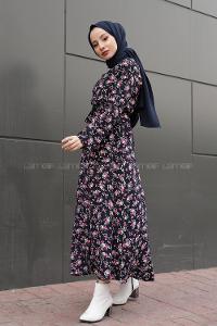 Modalamelif Kol Katlamalı Çiçek desenli Elbise Lacivert