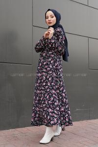 Modalamelif Kol Katlamalı Çiçek desenli Elbise Lacivert