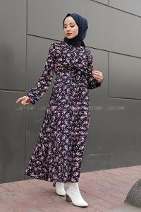 Modalamelif Kol Katlamalı Çiçek desenli Elbise Lacivert