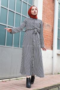 Modalamelif Kol Katlamalı Dik Çizgili Elbise Siyah Beyaz