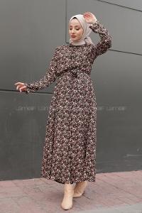 Modalamelif Önü Düğmeli Gül Desenli Elbise Siyah