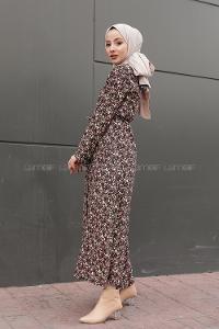 Modalamelif Önü Düğmeli Gül Desenli Elbise Siyah