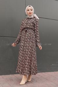 Modalamelif Önü Düğmeli Gül Desenli Elbise Siyah