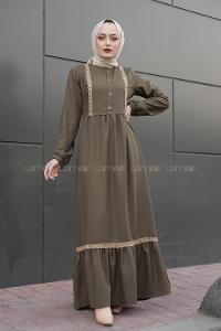 Modalamelif Önü Tahta Düğmeli Hasır Detaylı Elbise Haki