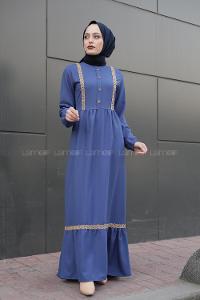 Modalamelif Önü Tahta Düğmeli Hasır Detaylı Elbise Mavi