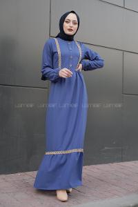 Modalamelif Önü Tahta Düğmeli Hasır Detaylı Elbise Mavi