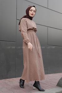 Modalamelif Önü Yarım Fermuarlı  Kemerli Uzun Elbise Bej