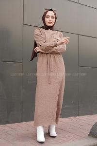 Modalamelif Tek Cepli Belden Bağcıklı Elbise Bej