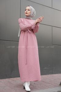 Modalamelif Tek Cepli Belden Bağcıklı Elbise Pudra