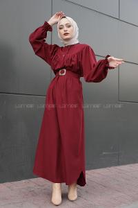 Modalamelif Balon Kol Kemerli Uzun Elbise Bordo