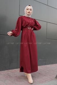 Modalamelif Balon Kol Kemerli Uzun Elbise Bordo