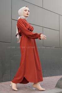 Modalamelif Balon Kol Kemerli Uzun Elbise Kiremit