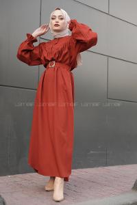 Modalamelif Balon Kol Kemerli Uzun Elbise Kiremit