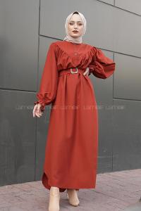 Modalamelif Balon Kol Kemerli Uzun Elbise Kiremit