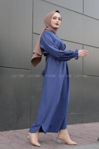 Modalamelif Balon Kol Kemerli Uzun Elbise Mavi