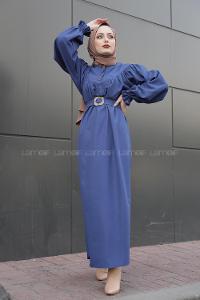 Modalamelif Balon Kol Kemerli Uzun Elbise Mavi