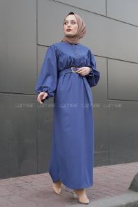 Modalamelif Balon Kol Kemerli Uzun Elbise Mavi