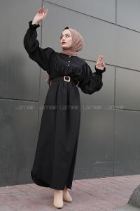 Modalamelif Balon Kol Kemerli Uzun Elbise Siyah