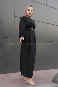Modalamelif Balon Kol Kemerli Uzun Elbise Siyah