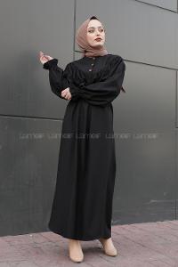 Modalamelif Balon Kol Kemerli Uzun Elbise Siyah