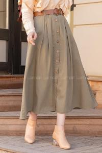 Modalamelif Boydan Düğmeli Kemerli Etek Haki