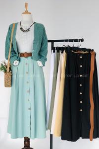 Modalamelif Boydan Düğmeli Kemerli Etek Haki