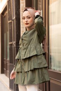 Modalamelif Önü Düğmeli Kat Kat Gömlek Haki