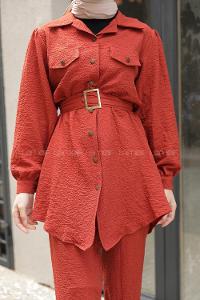 Modalamelif Önü Düğmeli Kemerli İkili Takım Kiremit