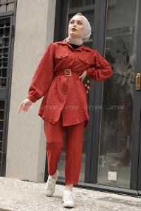 Modalamelif Önü Düğmeli Kemerli İkili Takım Kiremit