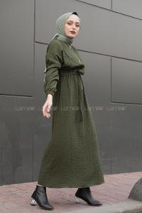 Modalamelif Önü Yarım Fermuarlı  Kemerli Uzun Elbise Haki