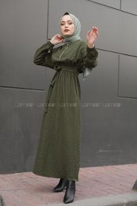 Modalamelif Önü Yarım Fermuarlı  Kemerli Uzun Elbise Haki