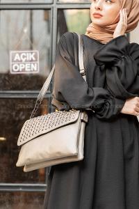 Modalamelif Taş Detaylı Omuz Çantası Gri
