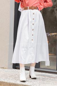 Modalamelif Boydan Düğmeli Kemerli Etek Beyaz