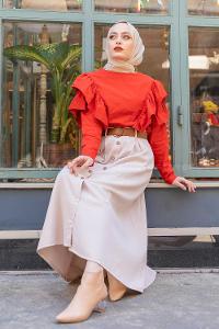 Modalamelif Boydan Düğmeli Kemerli Etek Taş Rengi