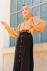 Modalamelif Fırfır Detaylı Balon Kol Gömlek Bej