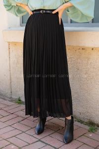 Modalamelif Hasır Kemerli Şifon Etek  Siyah