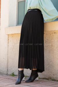 Modalamelif Hasır Kemerli Şifon Etek  Siyah