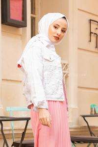 Lamelif  Önü Düğmeli Kısa Kot Ceket Beyaz